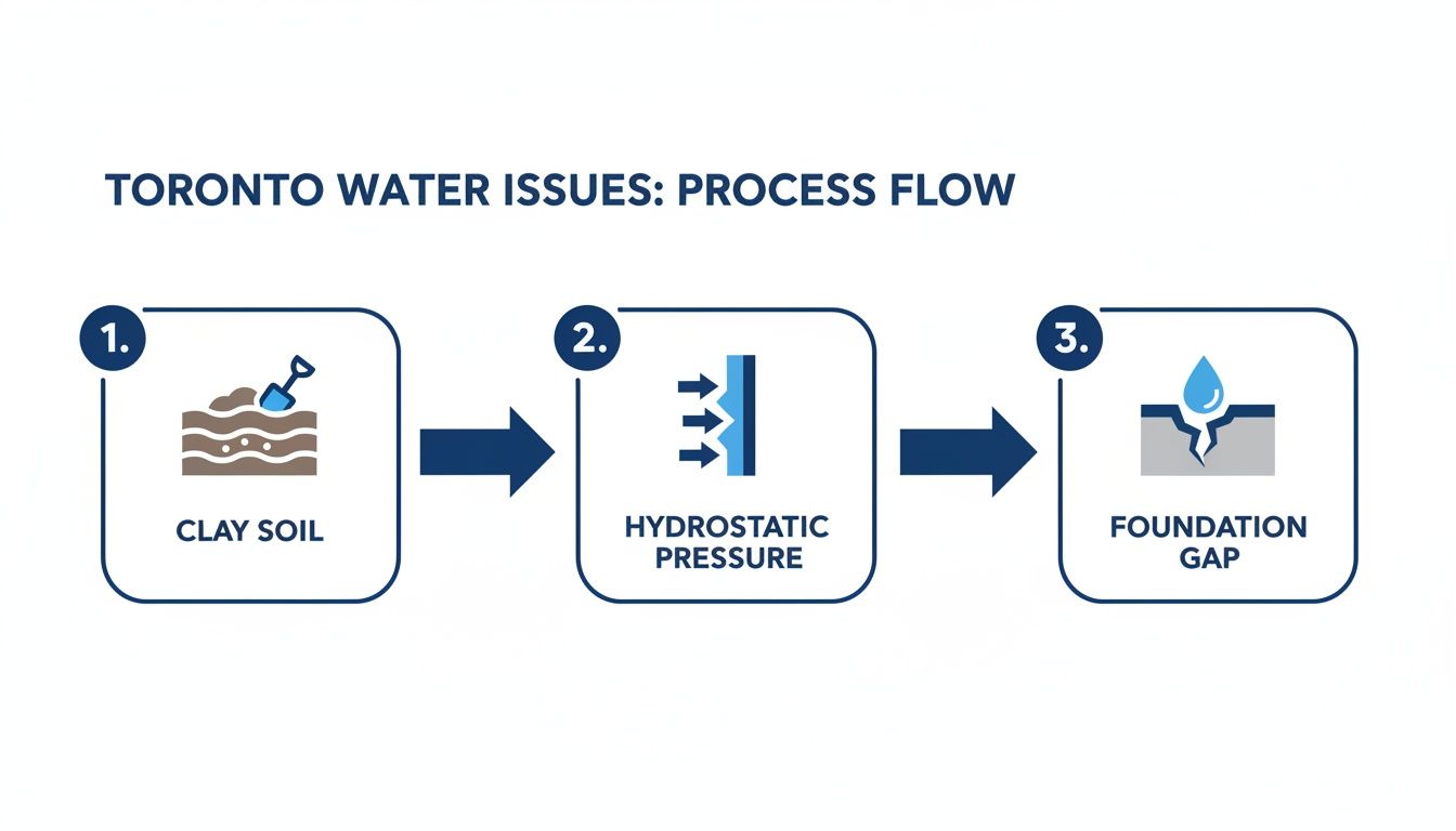 Process flow diagram illustrating how clay soil causes hydrostatic pressure, leading to foundation gaps and water damage.