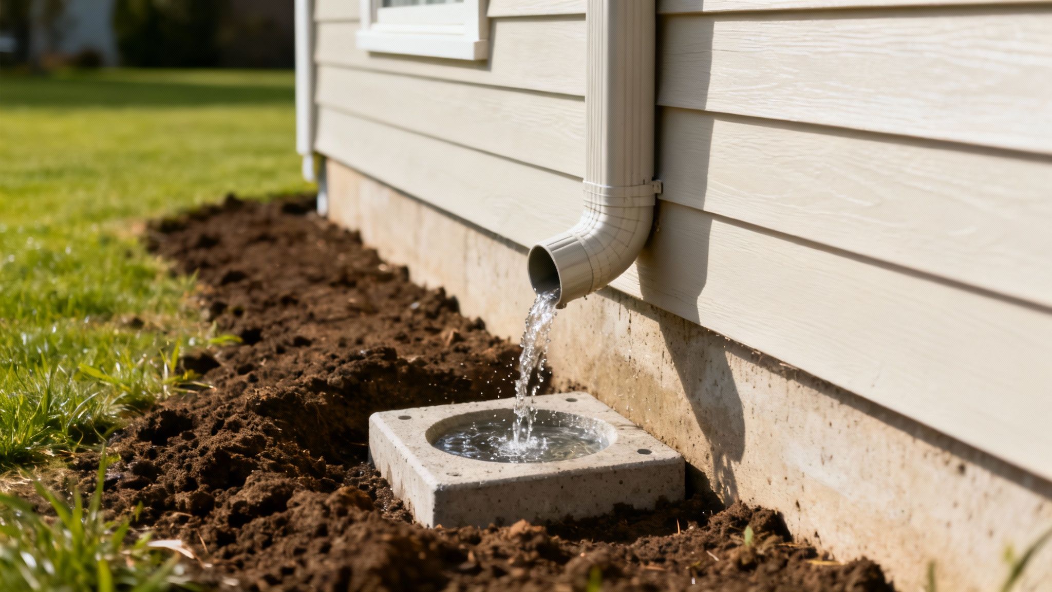 A well-maintained home exterior with proper landscaping and drainage systems in place.