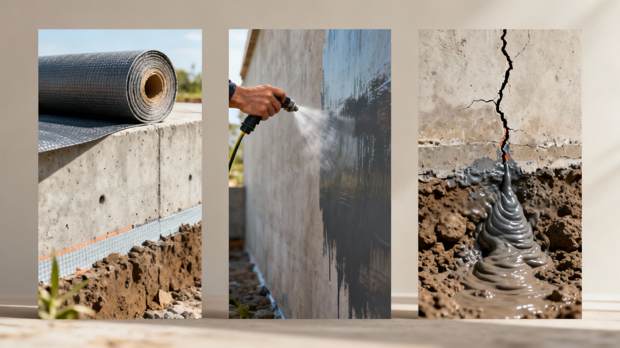 Image showing a worker professionally applying a waterproofing membrane to the exterior foundation wall of a house.