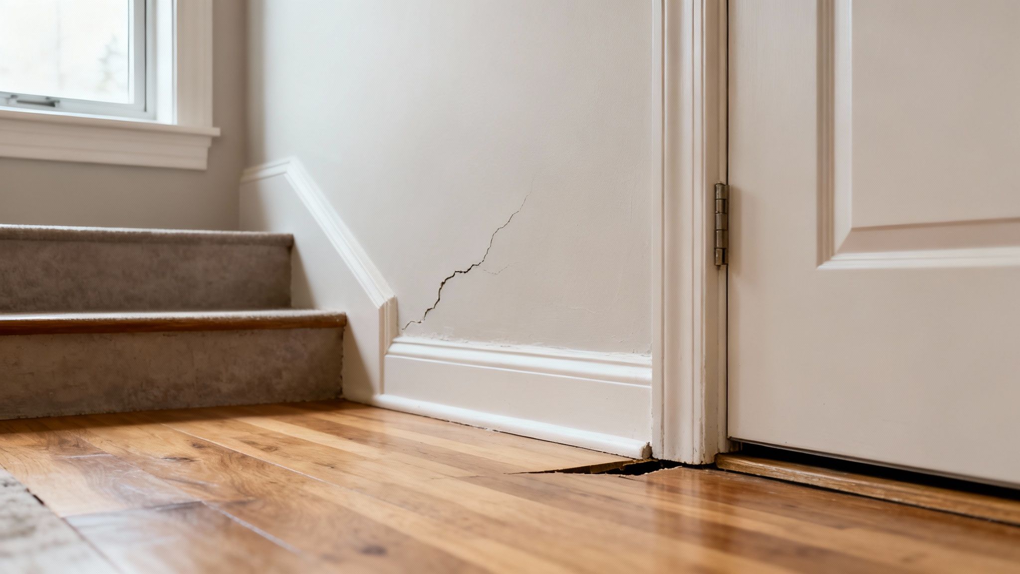 Severe structural damage inside a home with a large wall crack and buckling hardwood floorboards.