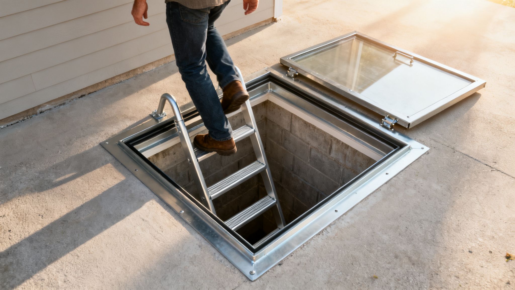 Person in jeans and brown boots descending a metal ladder into an open outdoor basement hatch.