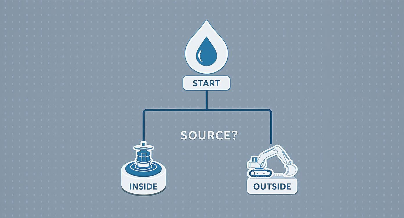 Infographic decision tree for choosing between interior and exterior basement waterproofing.