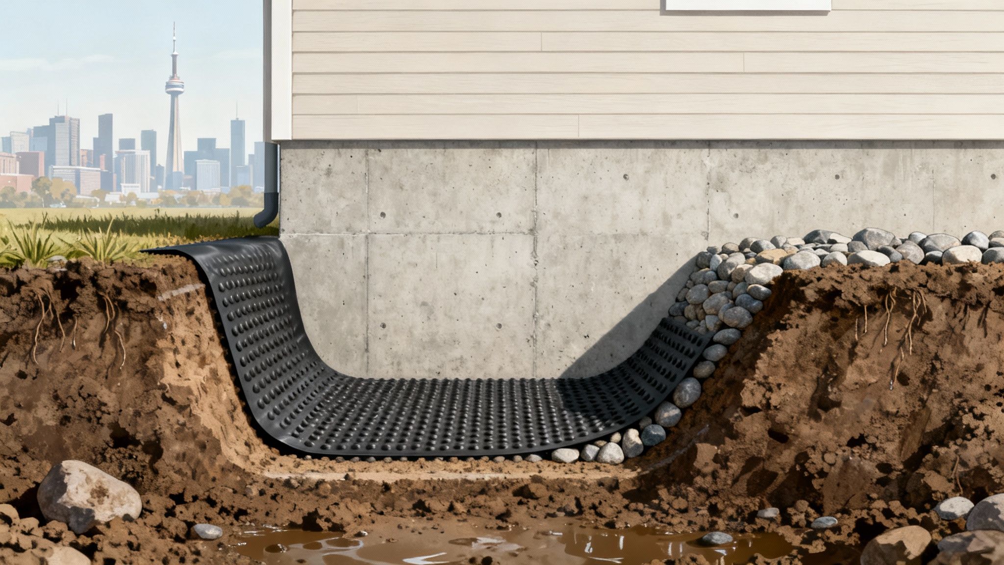 Cross-section of house foundation with black dimpled membrane for basement waterproofing and a gravel drainage system.