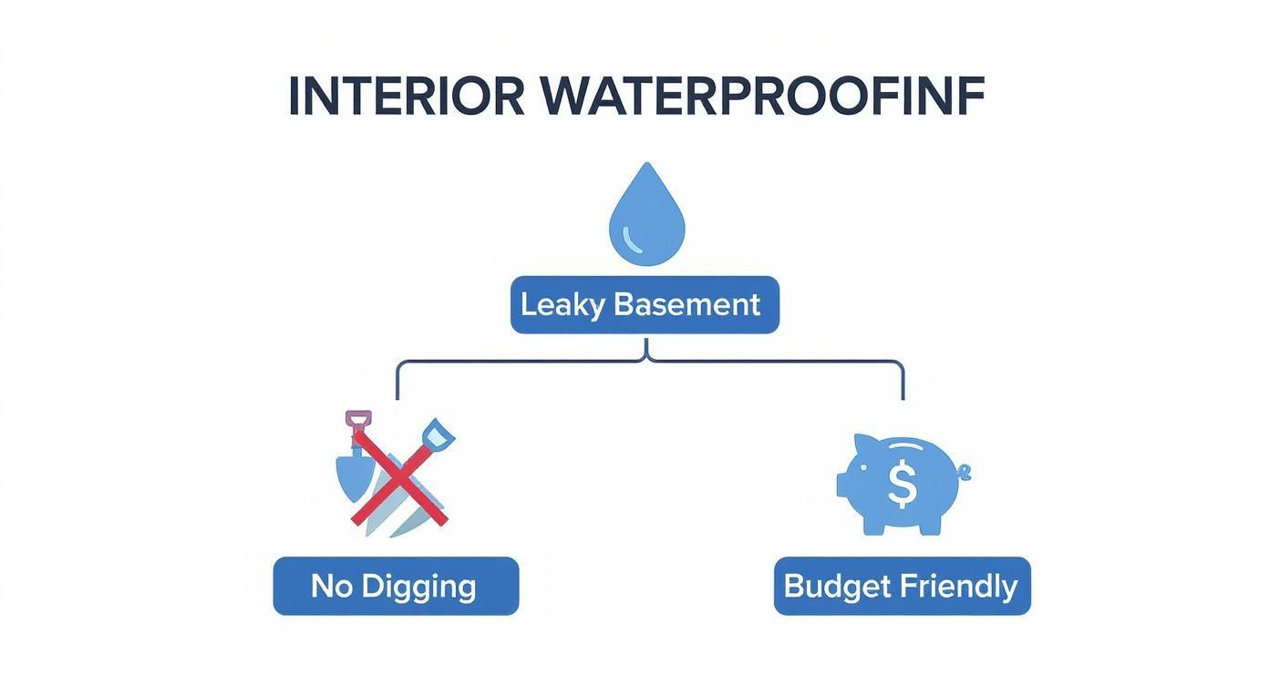 Interior waterproofing infographic showing leaky basement solutions with no digging and budget friendly options