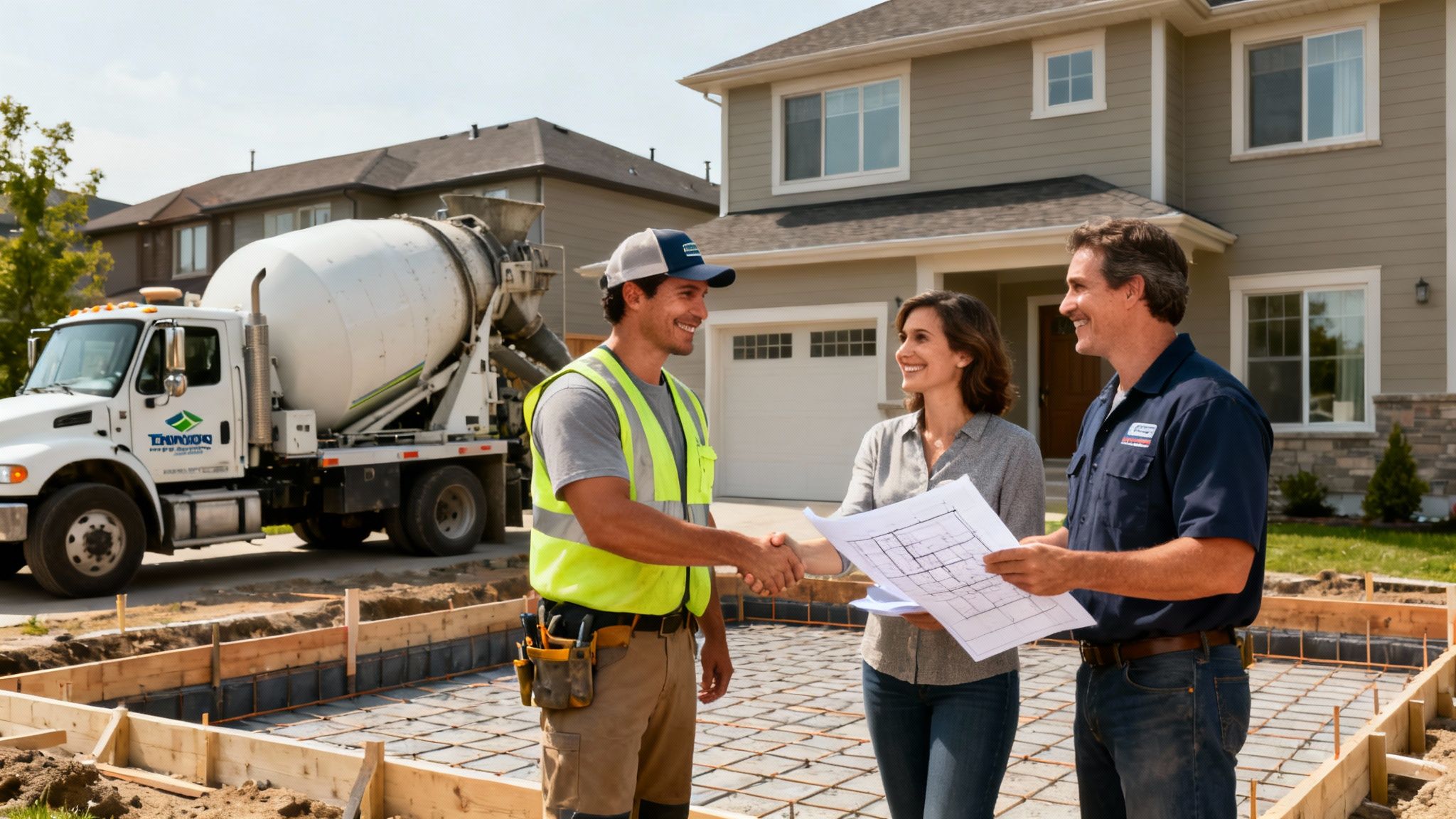 A construction worker shakes hands with a woman holding blueprints at a new home building site.