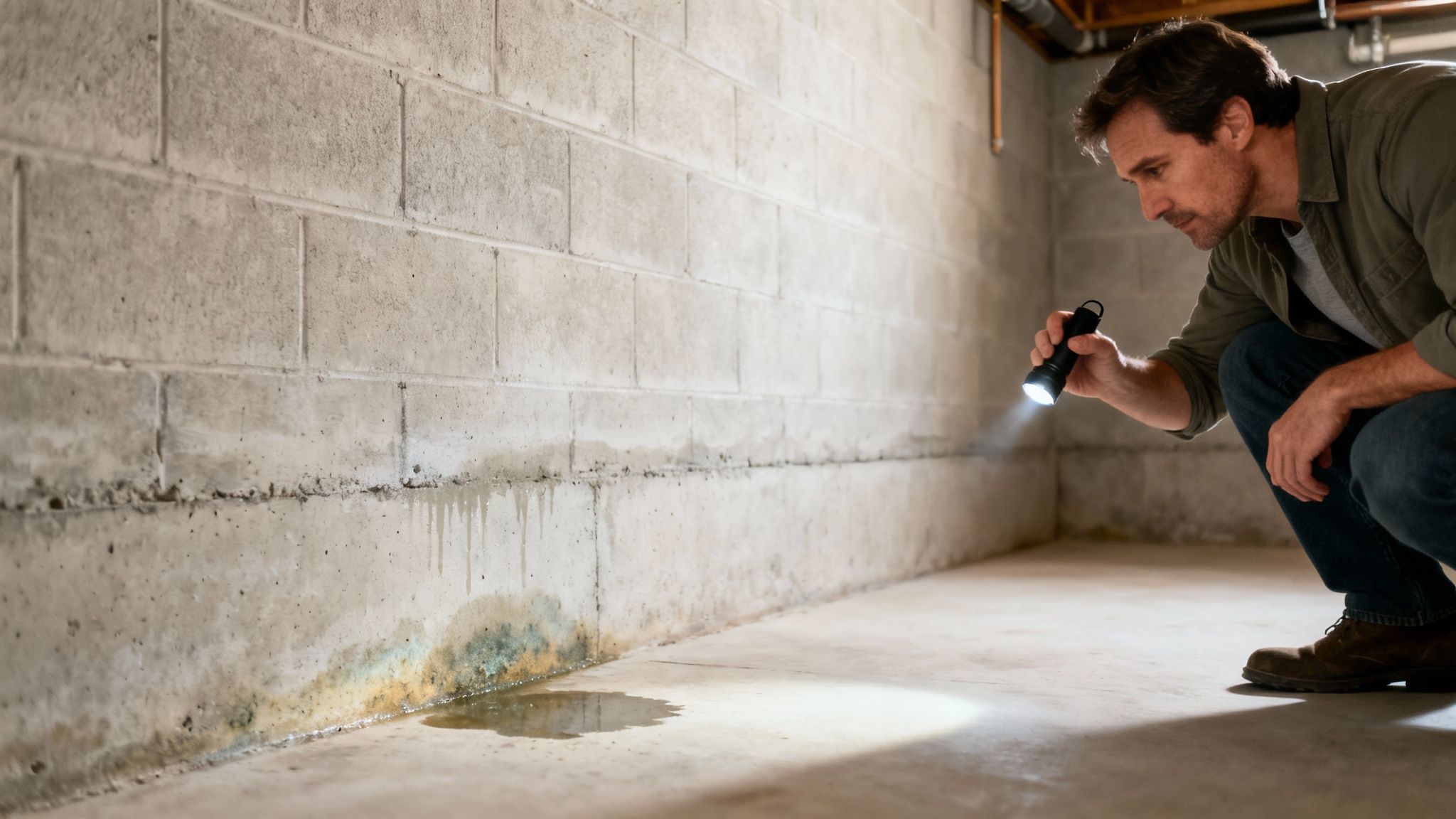 Man inspecting a wet basement wall with visible water damage, mold, and a puddle.