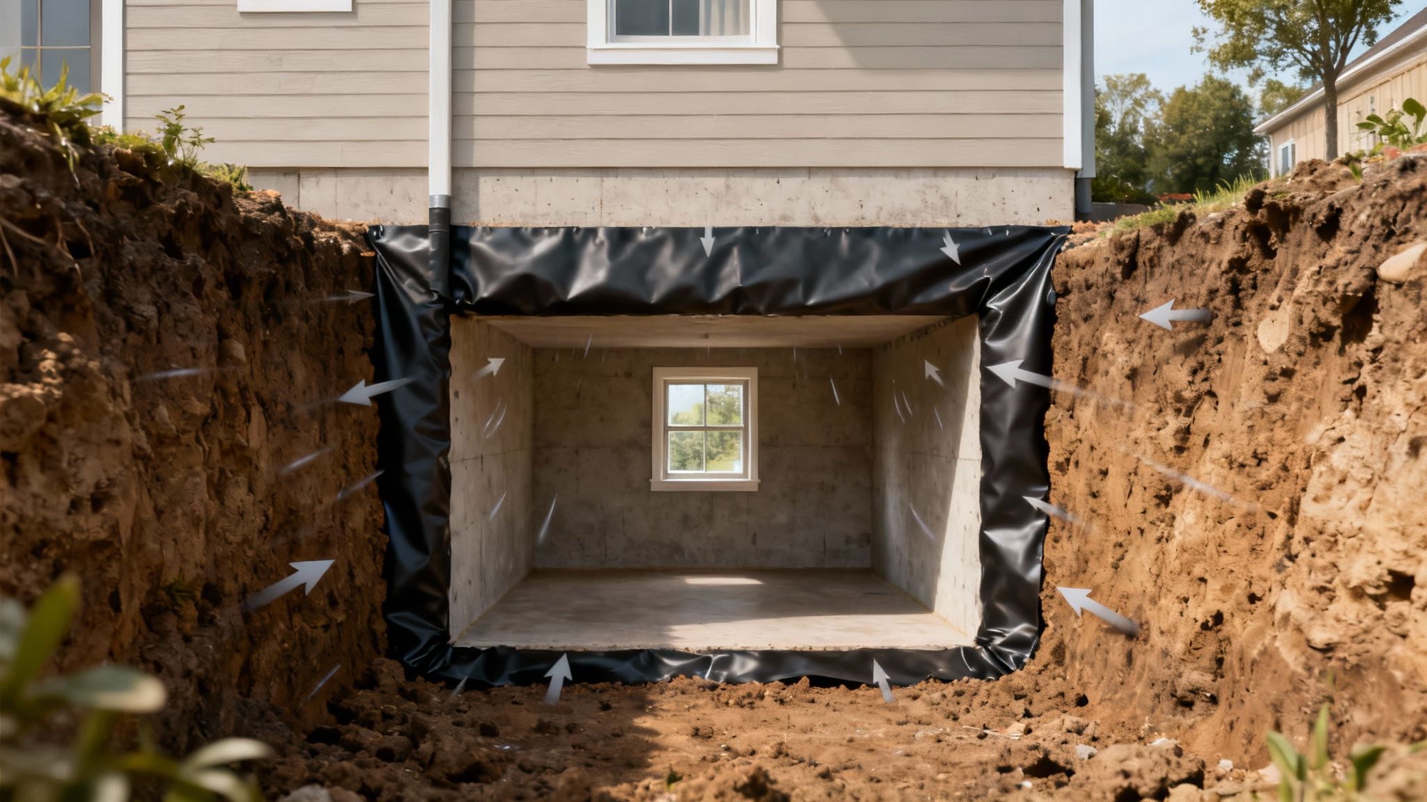 An excavated house foundation showing a black waterproofing membrane installed on the exterior of concrete walls, with arrows indicating water management.