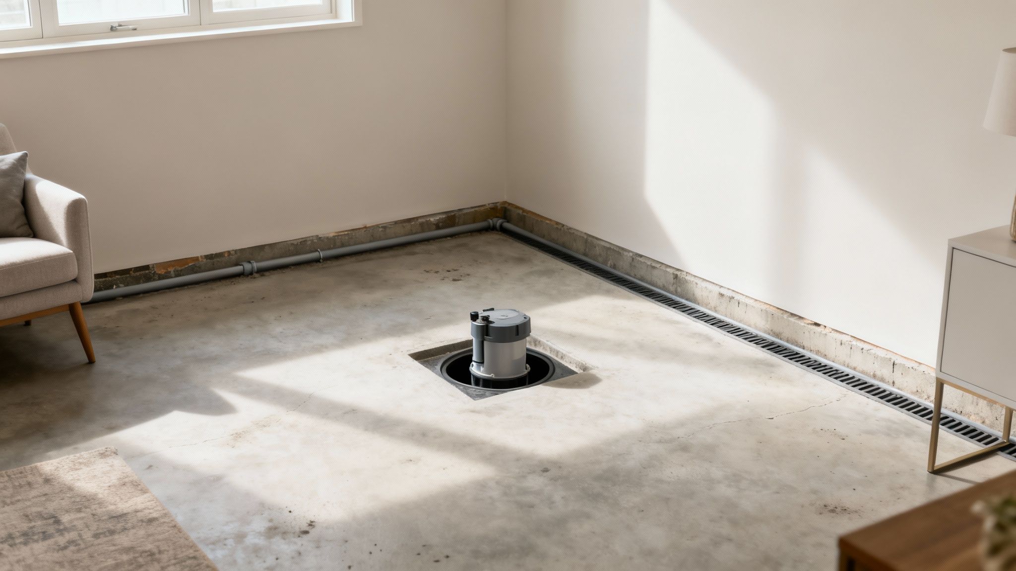 A concrete basement room features a central sump pump and perimeter trench drainage system.