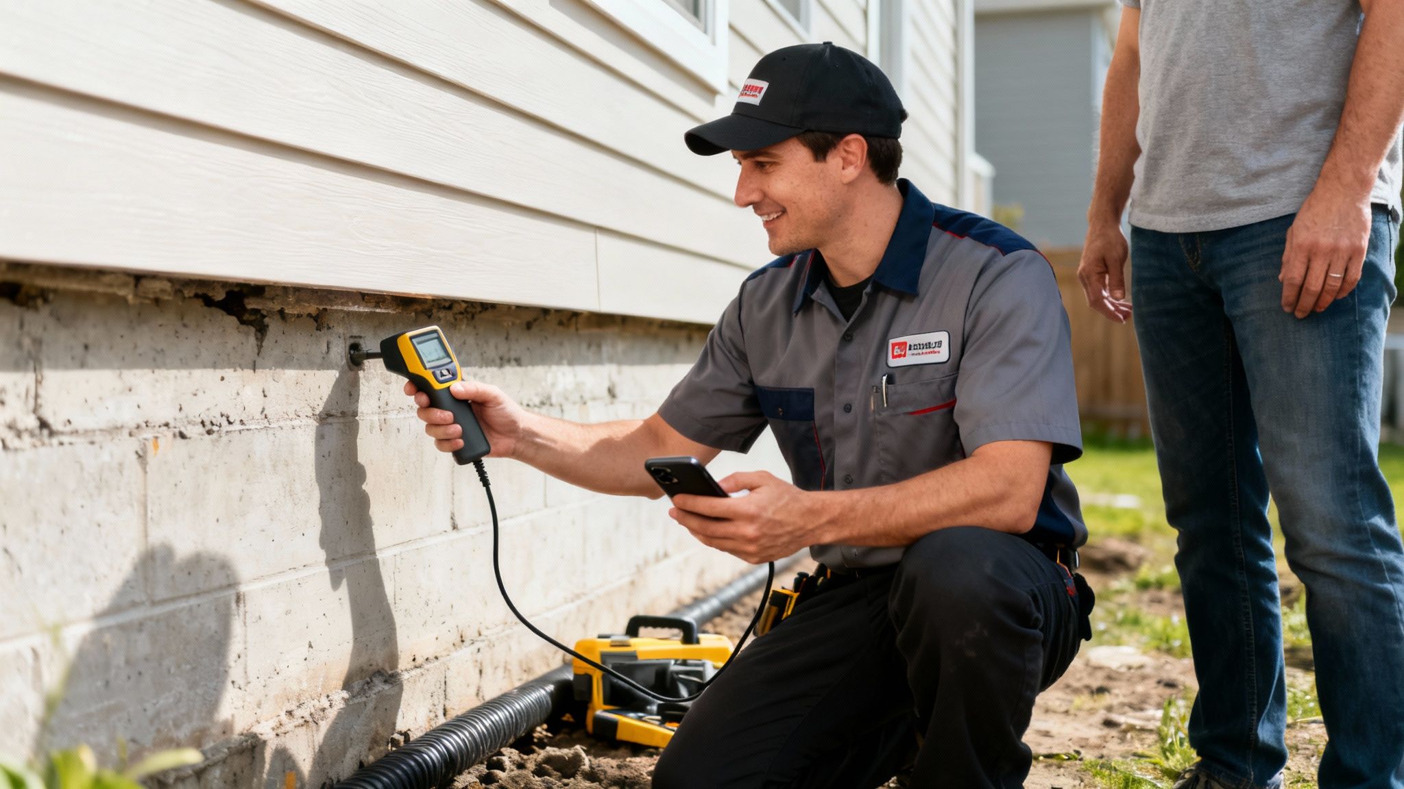 Technician inspecting a house foundation with a moisture meter and smartphone for potential basement issues.