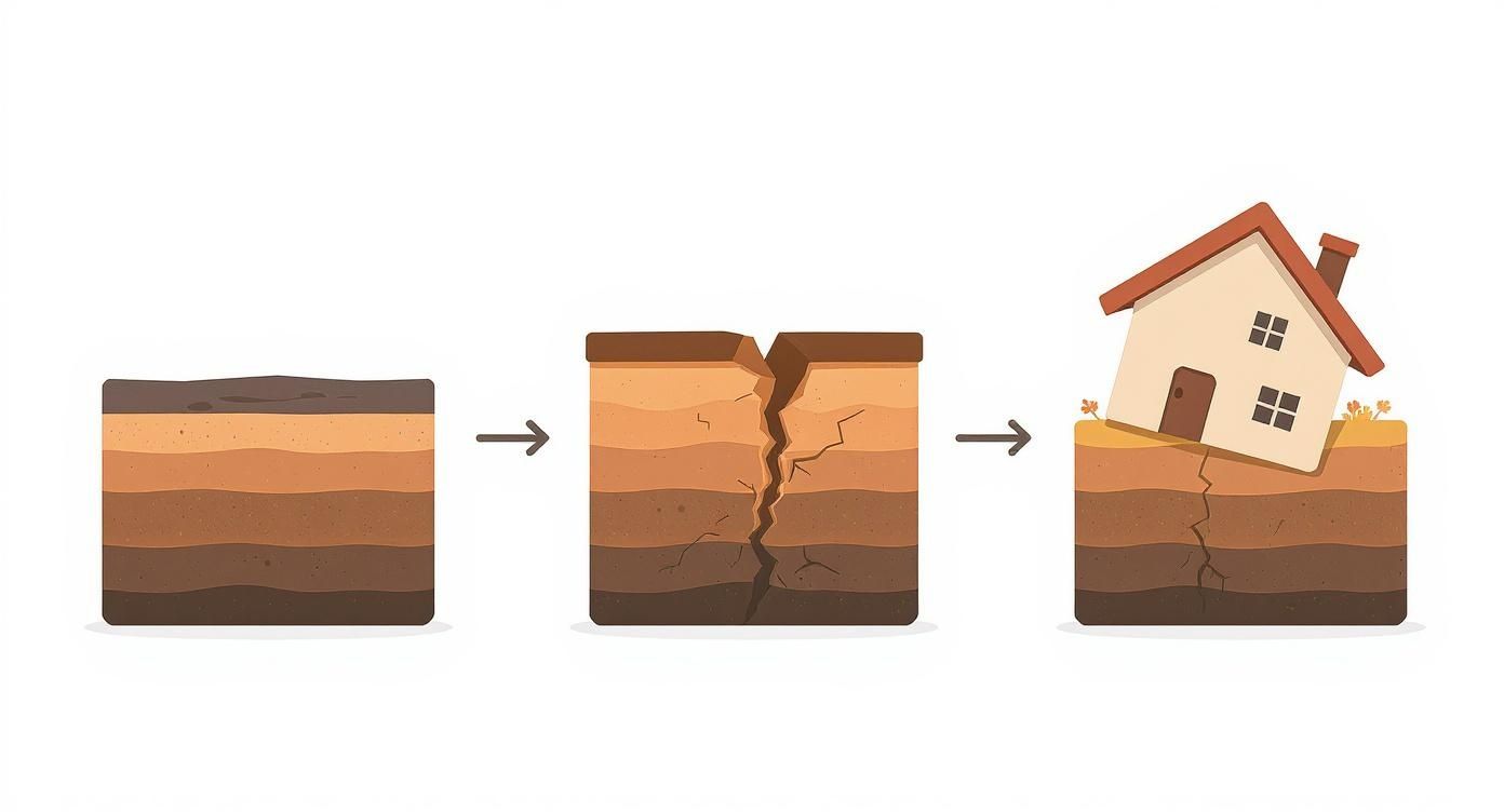 Illustration showing soil layers, then cracking, followed by a house tilting on cracked ground.