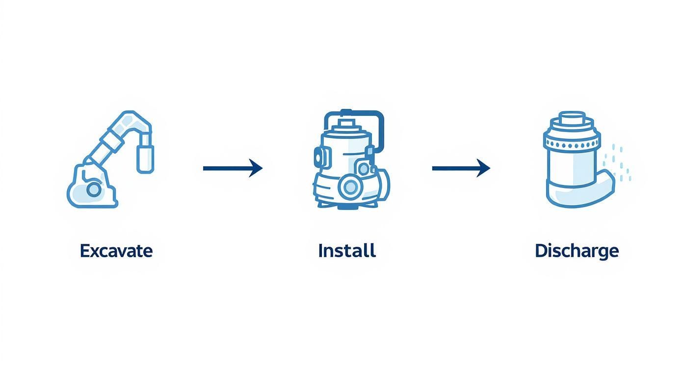 A three-step diagram illustrating sump pump installation: excavate, install the pump, and discharge water.