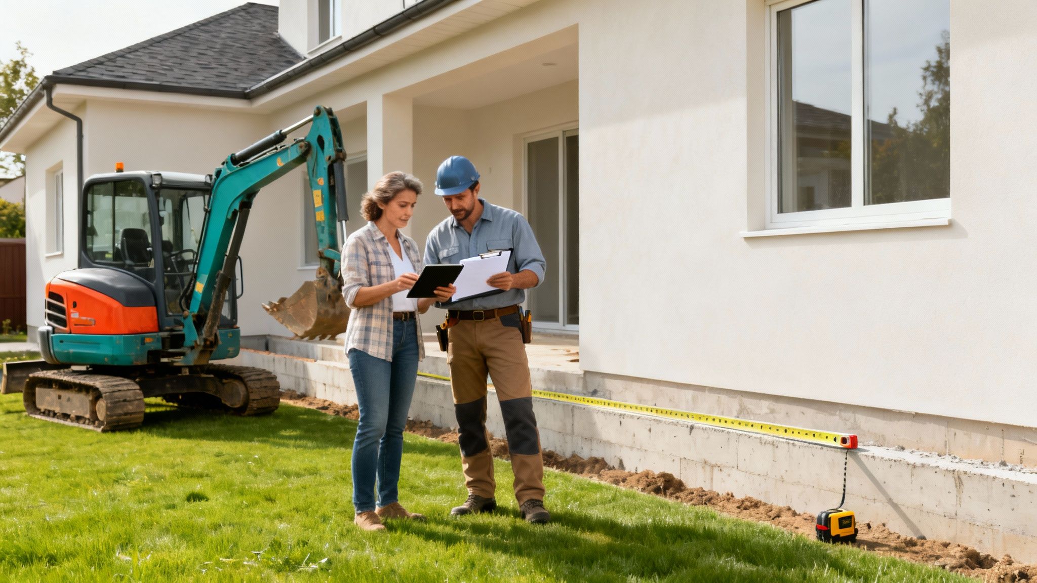 A construction worker and a woman review plans outside a new house with an excavator nearby.