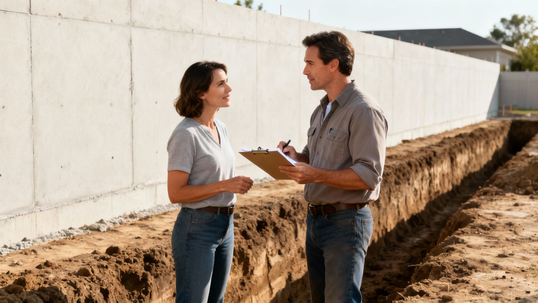 A homeowner reviewing a waterproofing quote with a contractor in their basement.