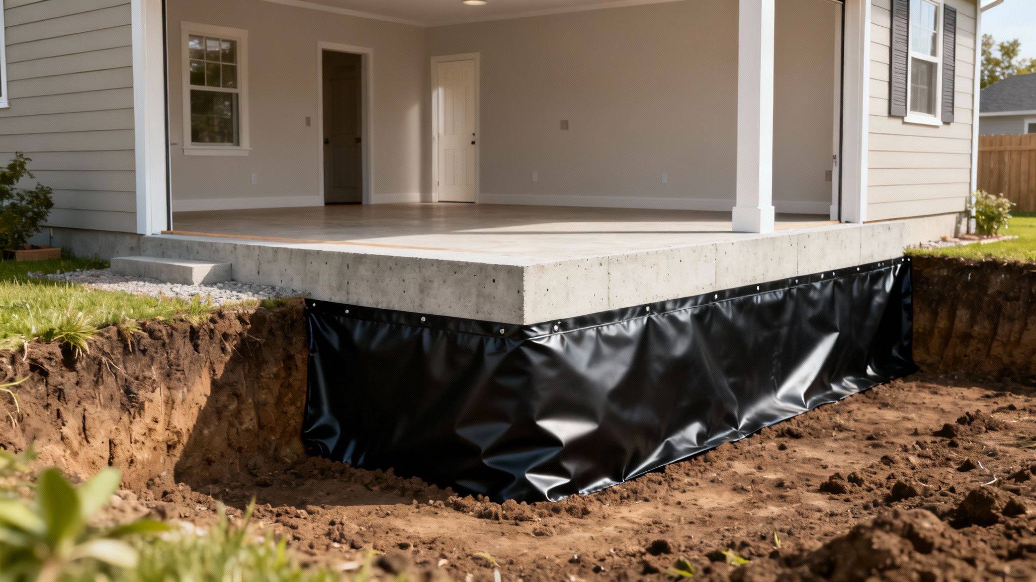 A new house foundation with a black waterproofing membrane installed in an excavated trench.