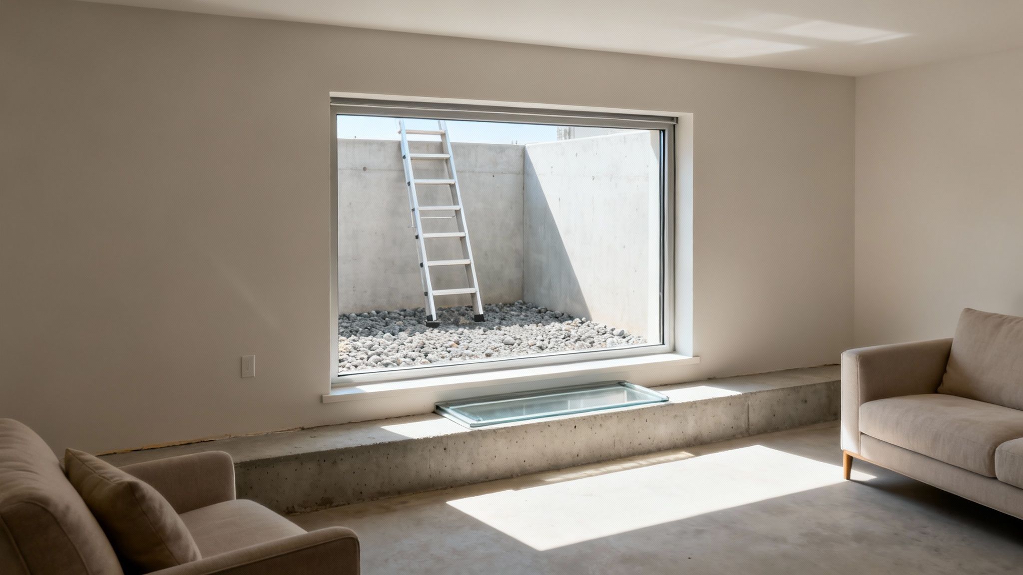 Modern room featuring a large window viewing a basement window well with a ladder and rocks.
