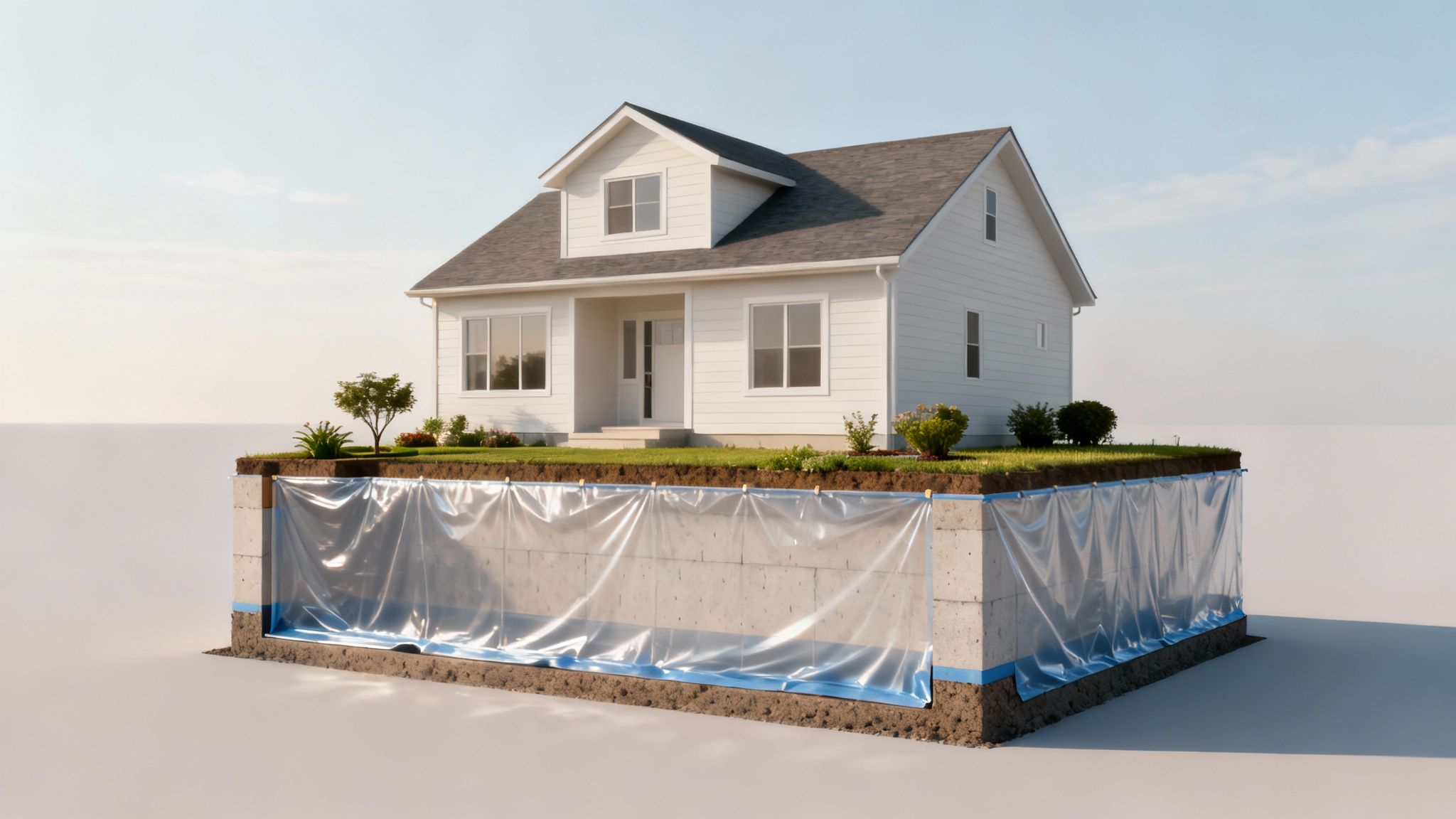 A basement waterproofing membrane being installed on an exterior foundation wall.