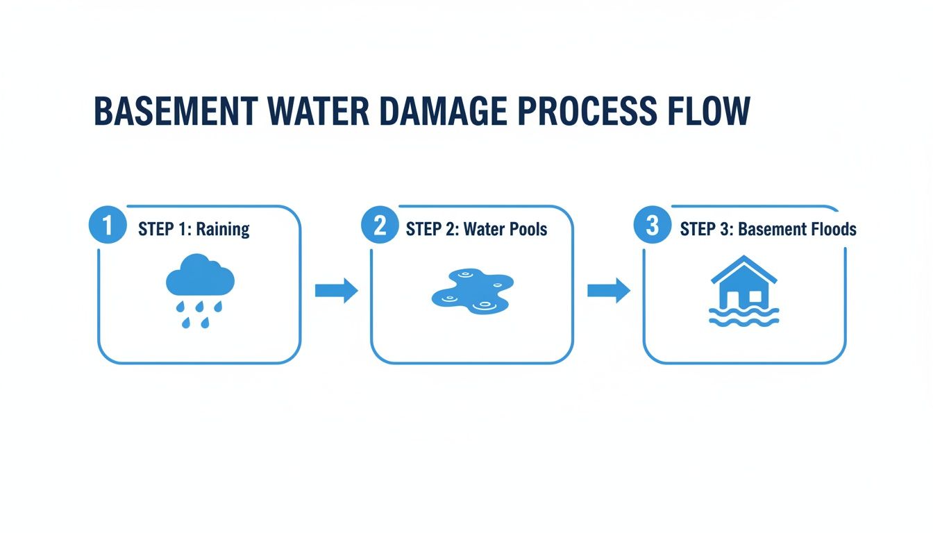 Diagram illustrating the three-step process of basement water damage: raining, water pooling, and basement flooding.