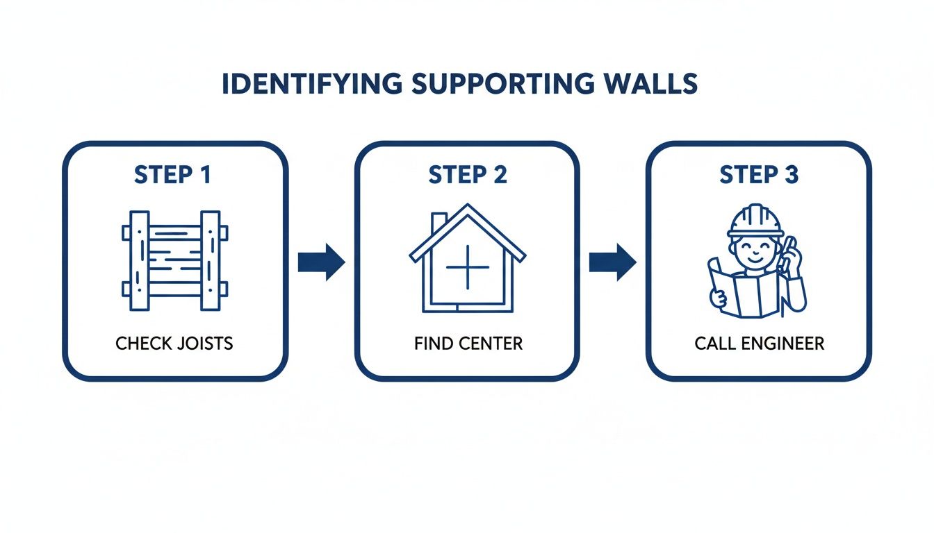 A three-step visual guide demonstrating how to identify supporting walls: check joists, find center, and call engineer.