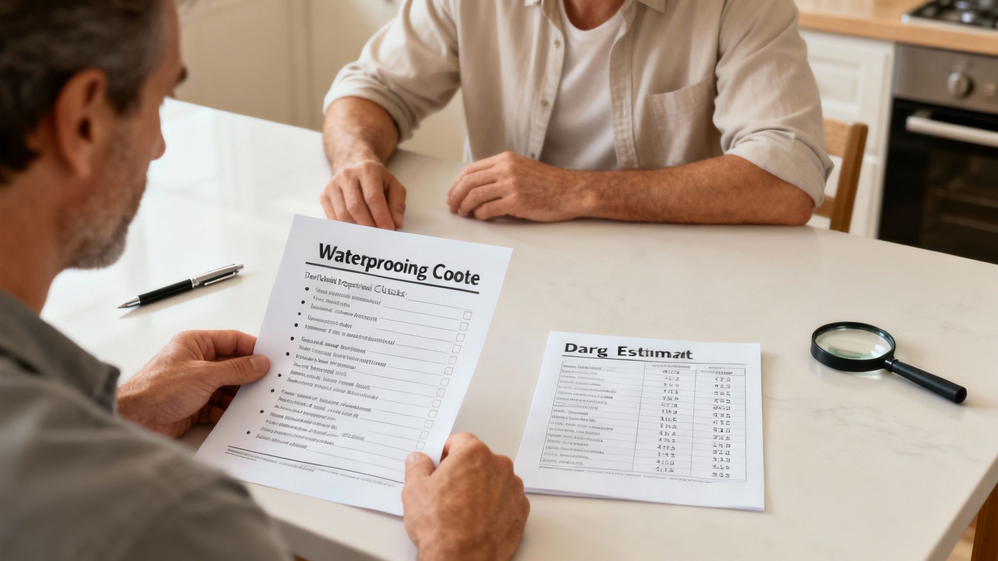 A homeowner reviewing a detailed basement waterproofing quote with a contractor at their kitchen table.