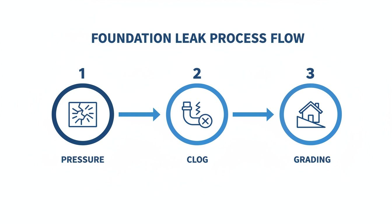 A three-step process flow diagram illustrating common causes of foundation leaks: pressure, clog, and grading.