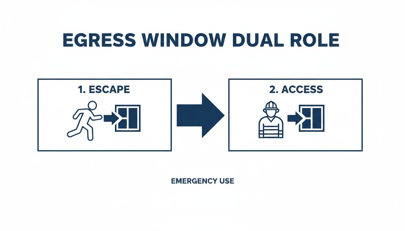 Illustration showing an egress window's dual role for emergency escape and firefighter access.