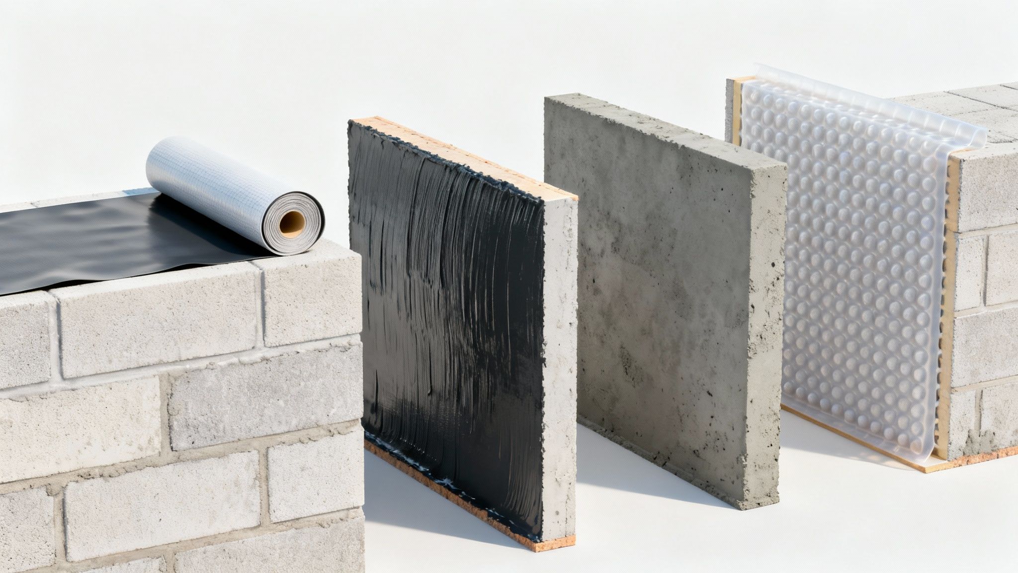 A close-up of different waterproofing membrane samples laid out for comparison.