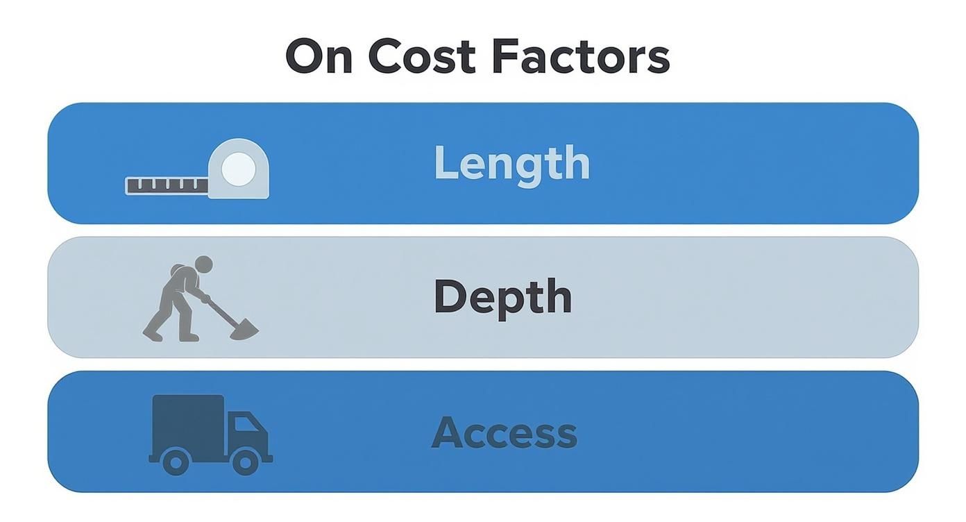 Infographic showing cost factors for basement waterproofing in Toronto: length, depth, and site access.