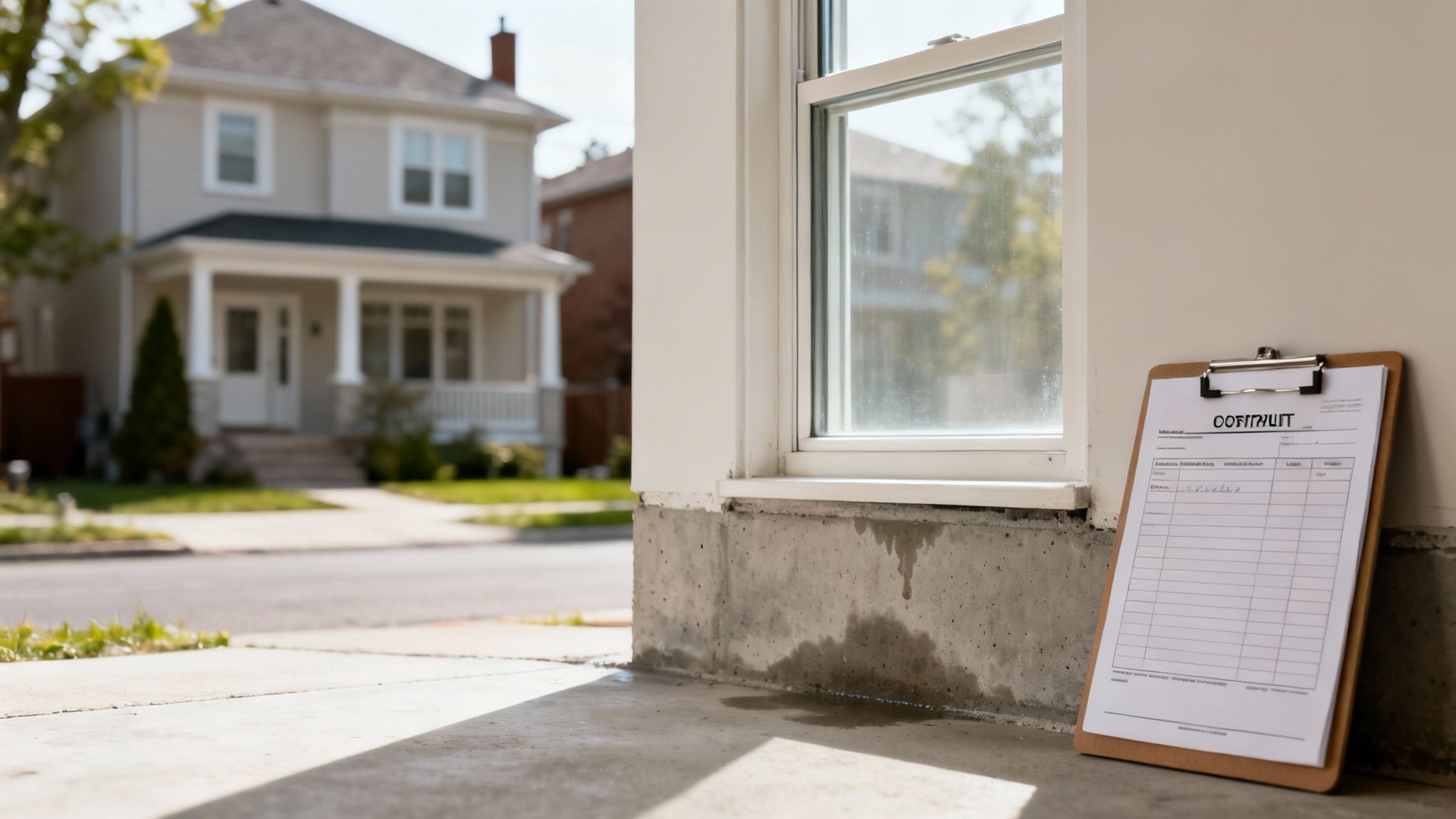 Clipboard with a document leaning against a house foundation showing water stains.