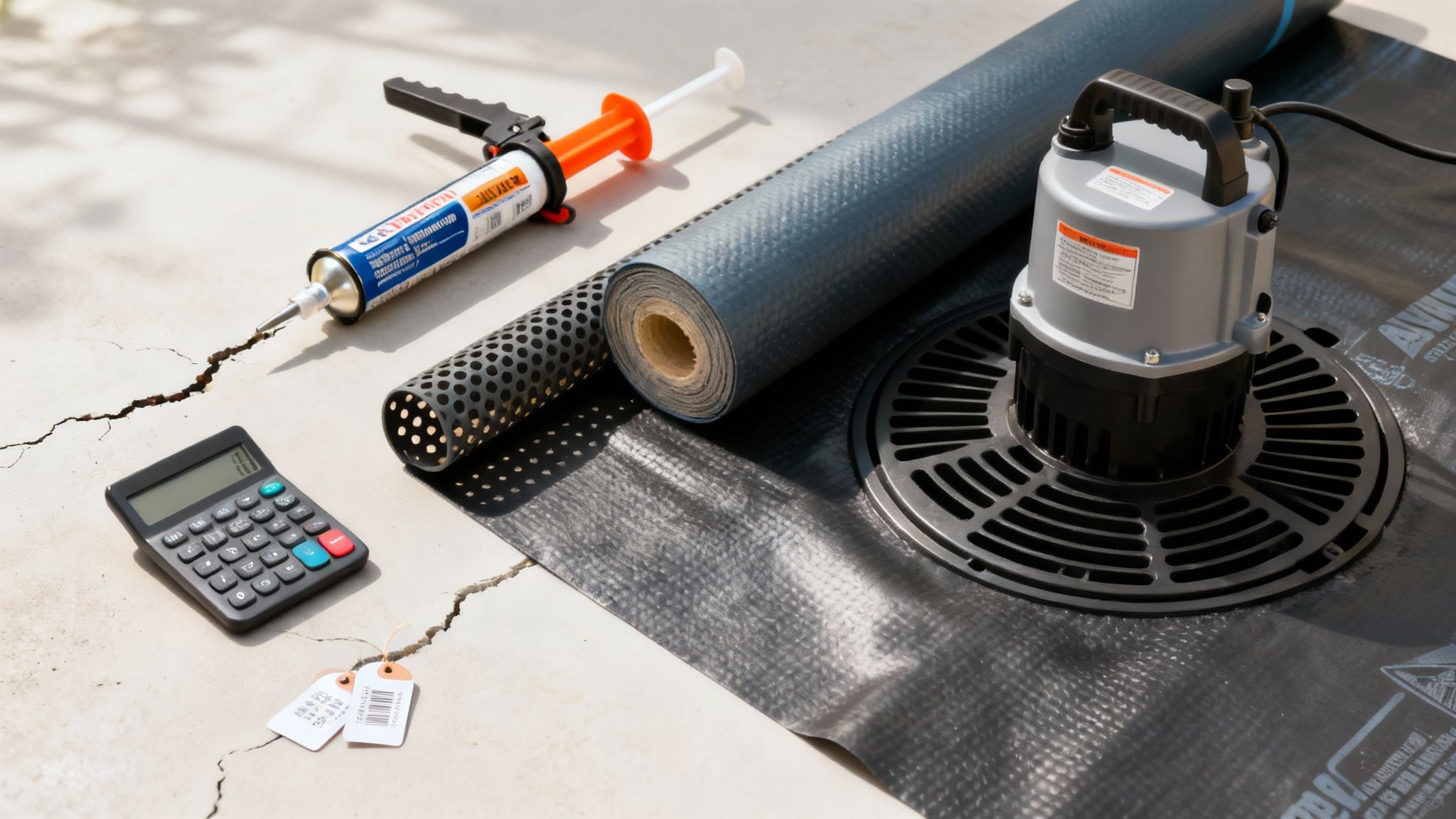 An itemized list of waterproofing services with cost icons next to each.
