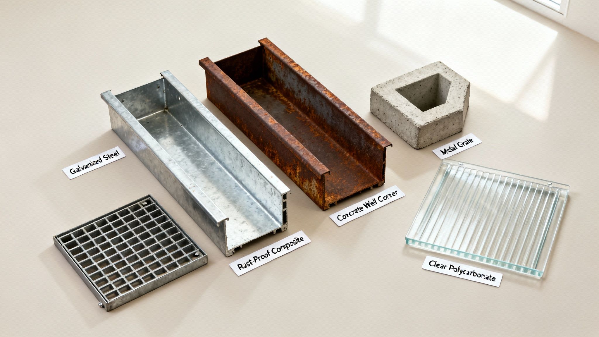 Labeled construction material samples including galvanized steel, rust-proof composite, concrete, metal grate, and clear polycarbonate.