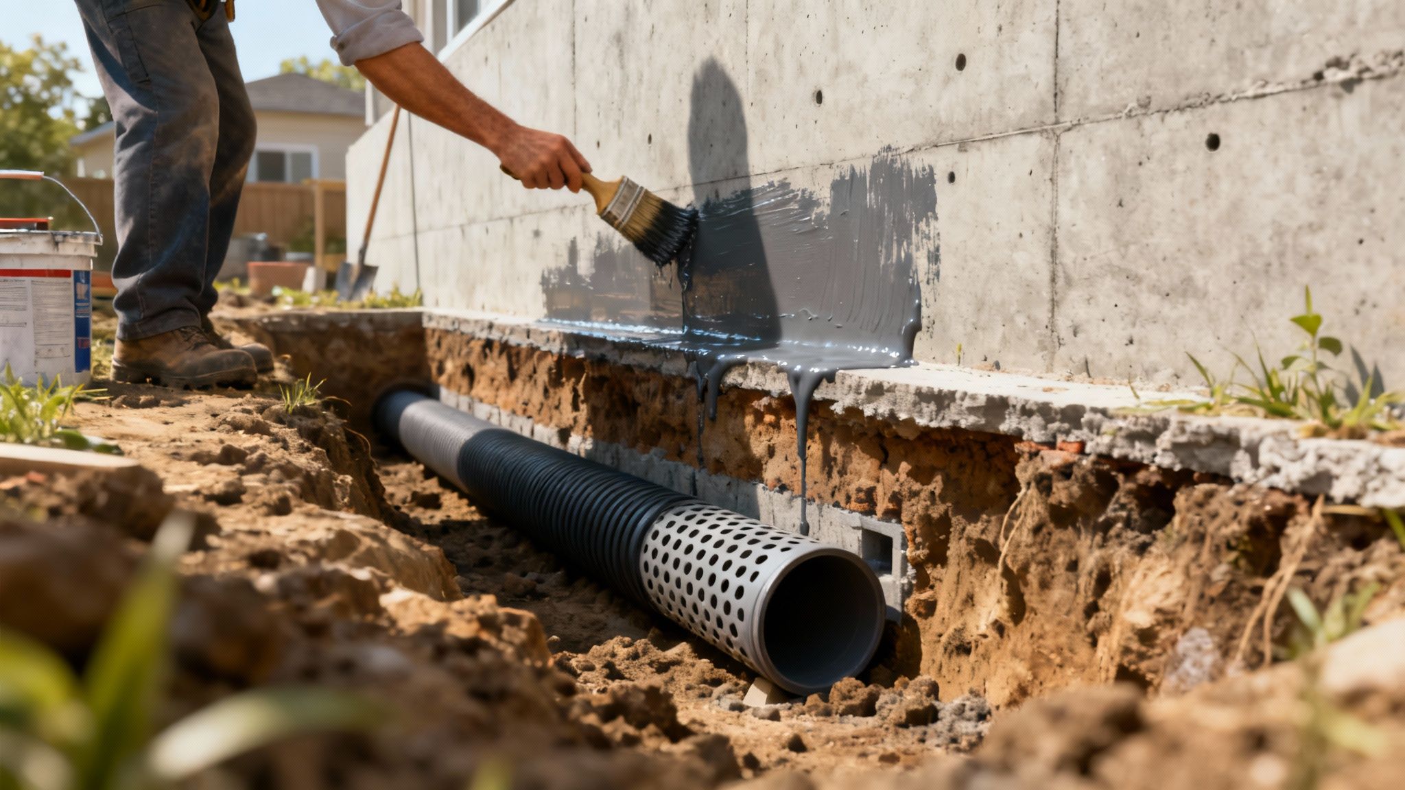 A construction worker applies a waterproofing membrane to an excavated foundation wall.
