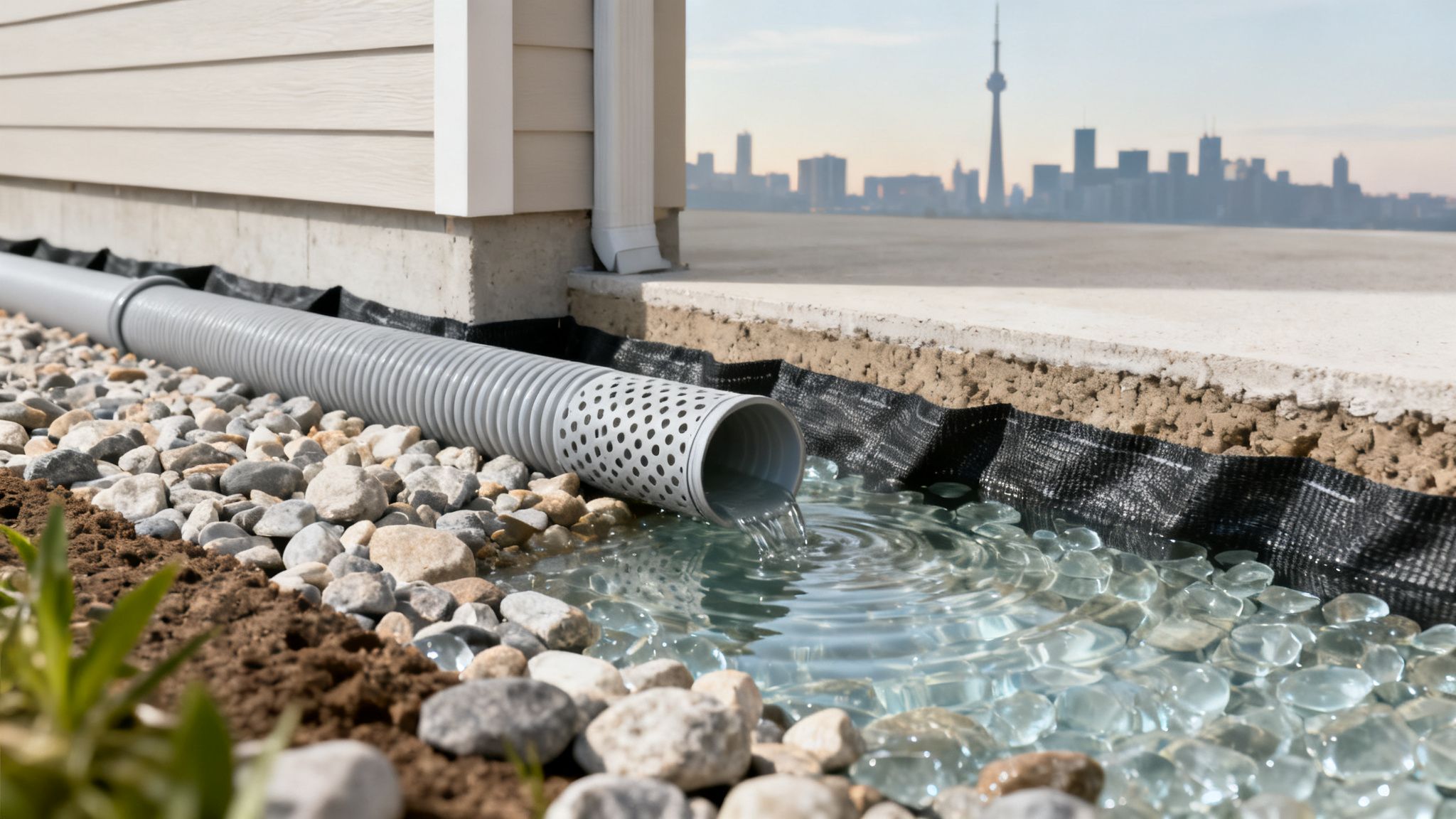 Water drains from a perforated pipe into a decorative rock bed next to a building foundation, with a city skyline in the background.