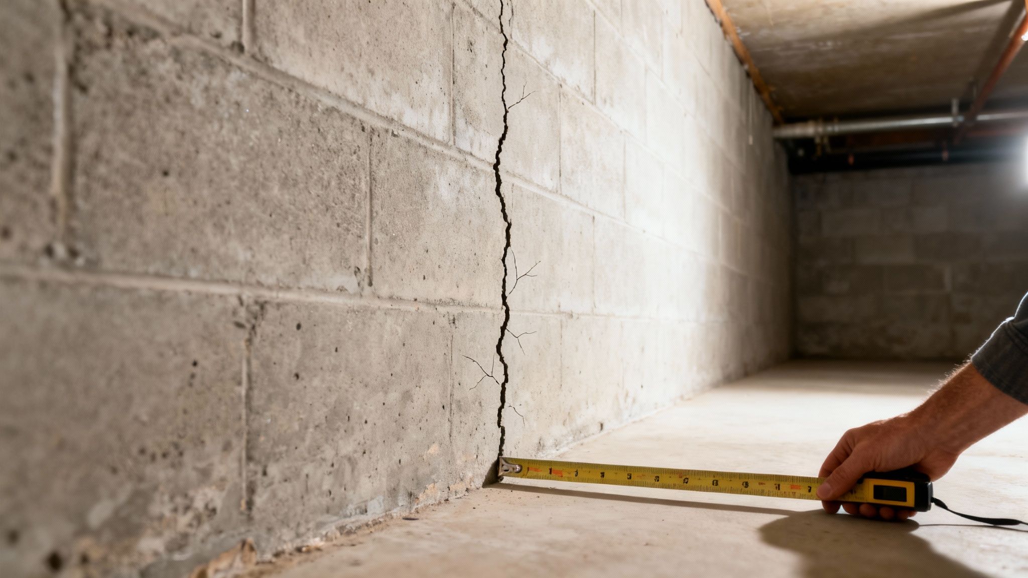 Person measuring a substantial vertical crack in a gray concrete basement wall for assessment.