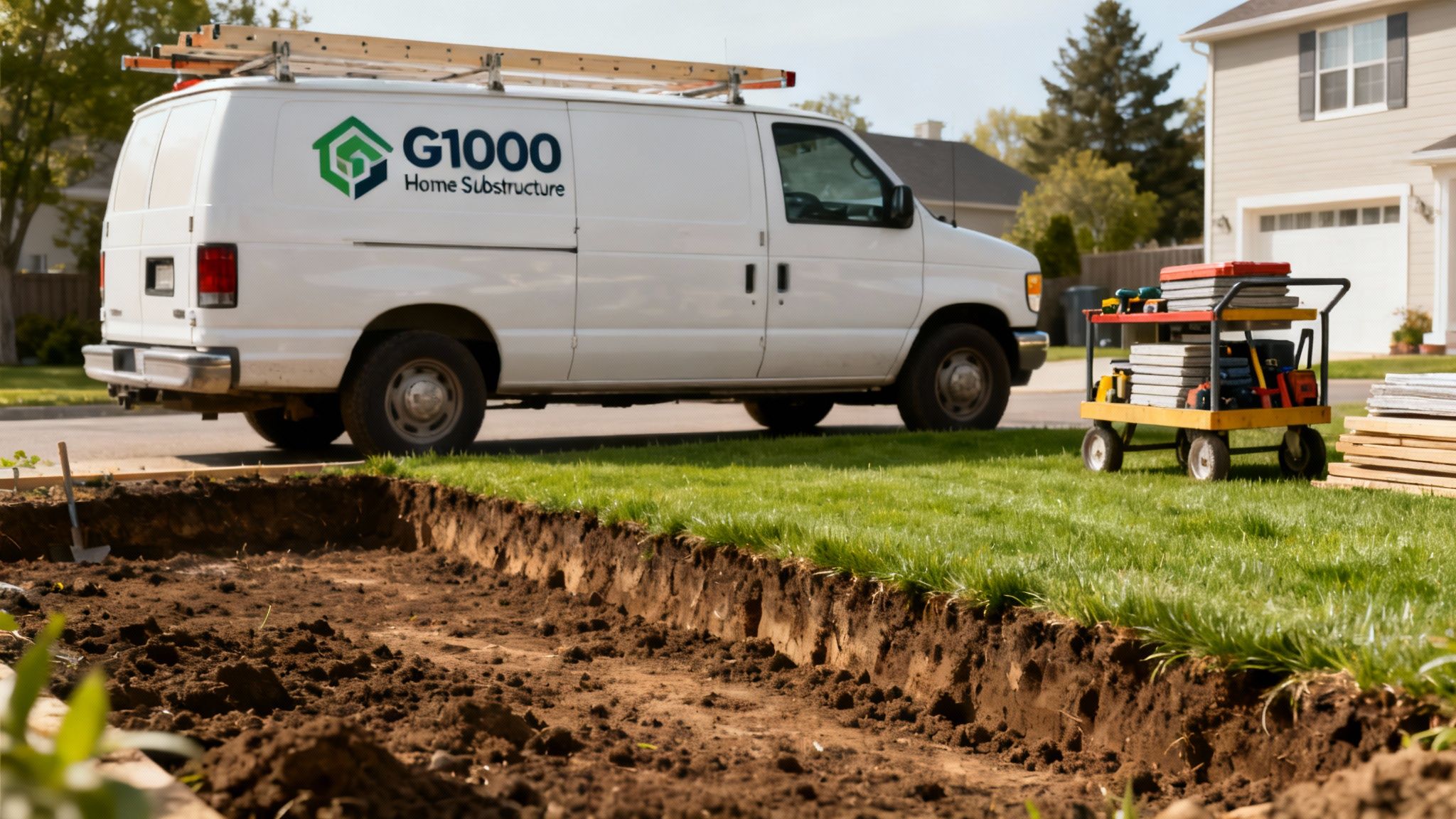 A white G1000 Home Substructure van parked next to an excavated trench and construction tools.