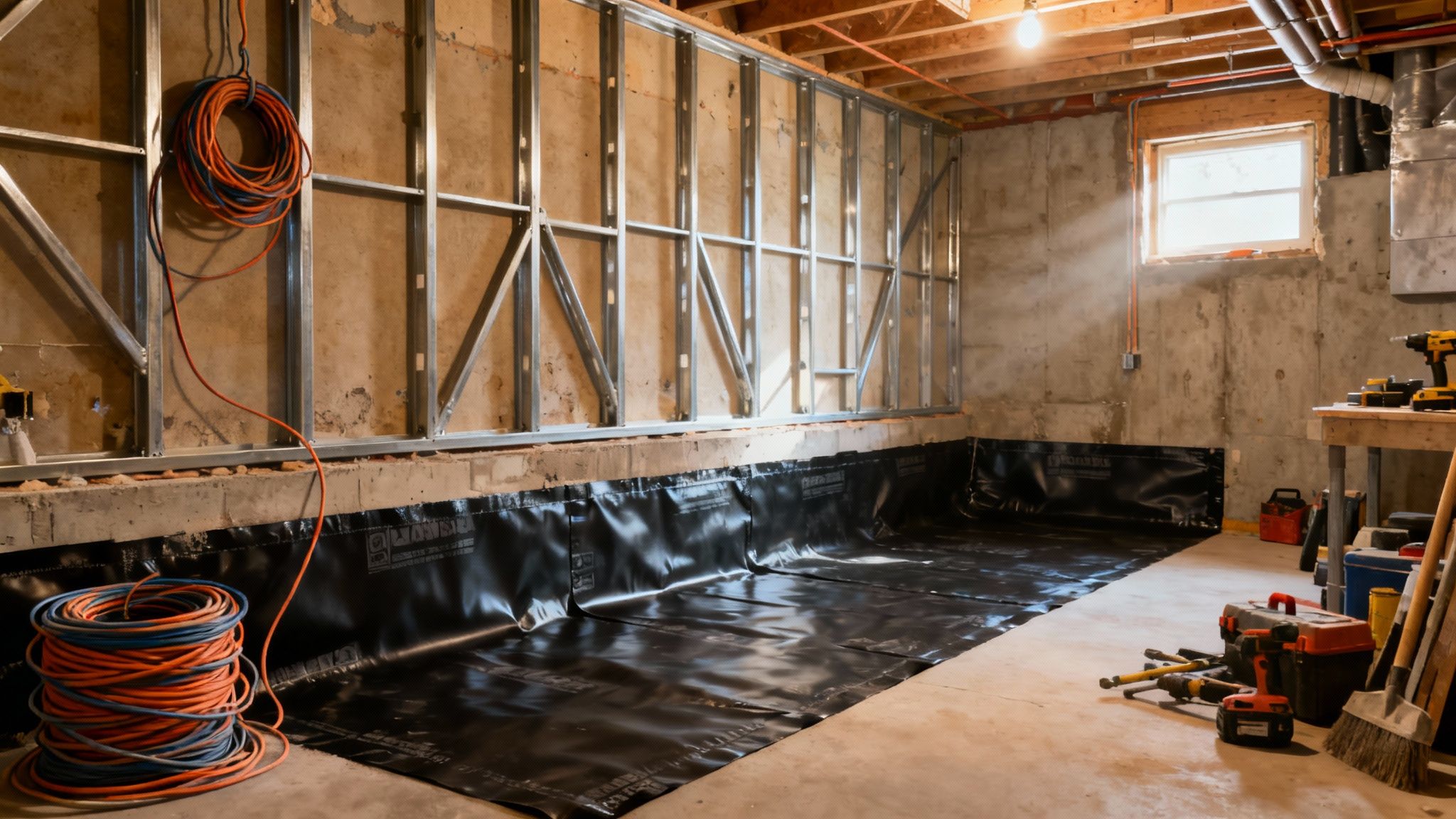 A basement in the middle of a remodel, showing exposed framing and wiring.