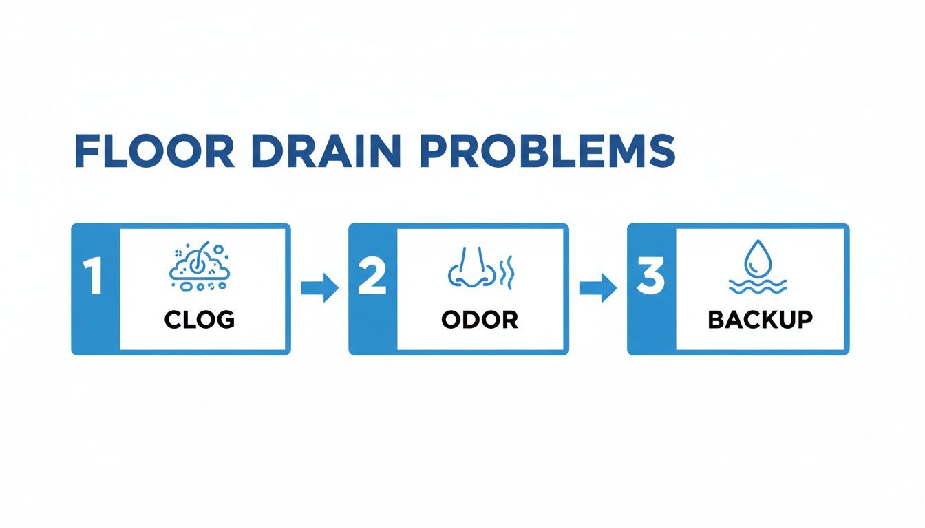 Flowchart illustrating three common floor drain problems: clogging, foul odors, and water backups.