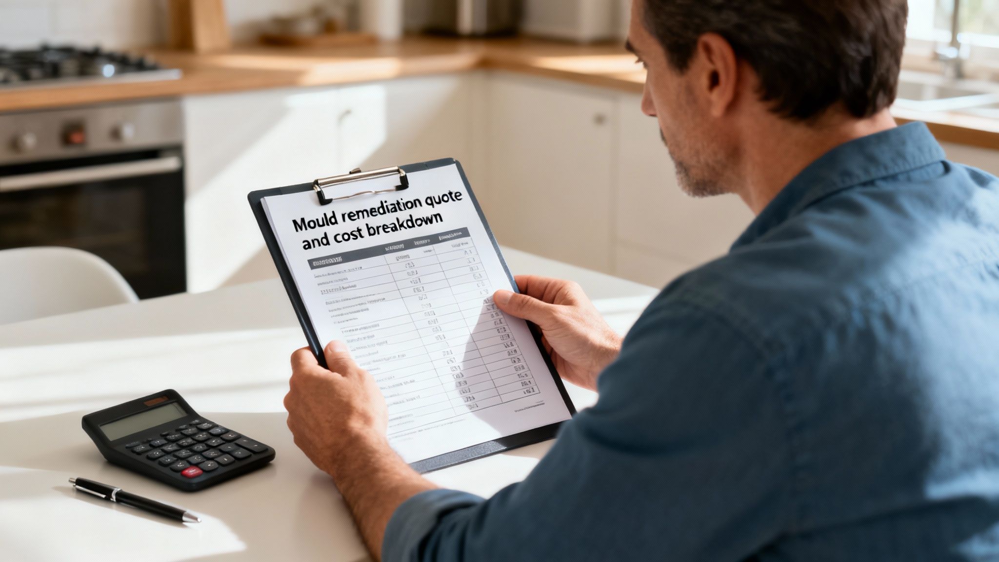 A homeowner reviewing a detailed cost estimate for mould remediation with a professional contractor.