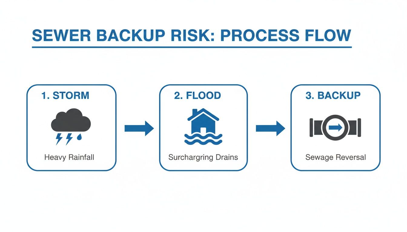 A diagram illustrating the process flow of sewer backup risk, showing storm, flood, and sewage reversal.