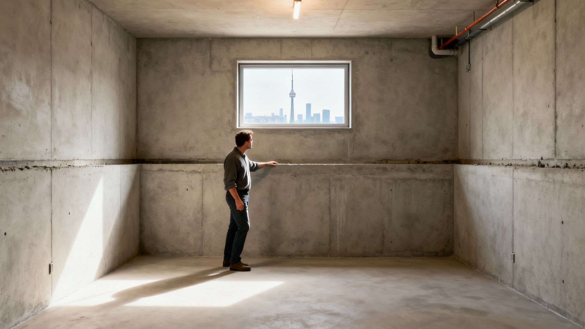 A man stands in a stark concrete room, looking out a window at a distant city skyline.