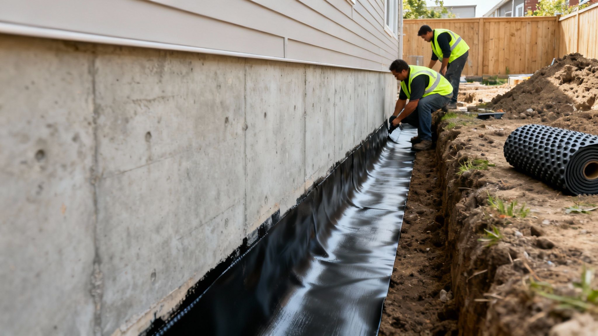 Two workers install black dimpled membrane on a house basement foundation for waterproofing.