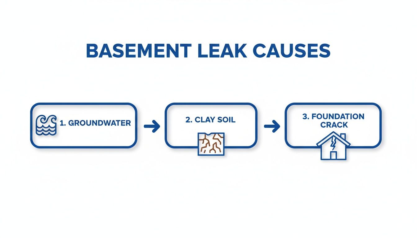 Diagram illustrating the three main causes of basement leaks: groundwater, clay soil, and foundation cracks.