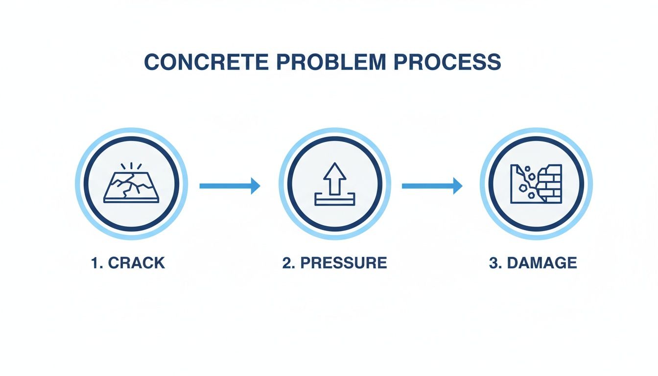Infographic detailing the concrete problem process: crack formation, pressure buildup, and resulting structural damage.