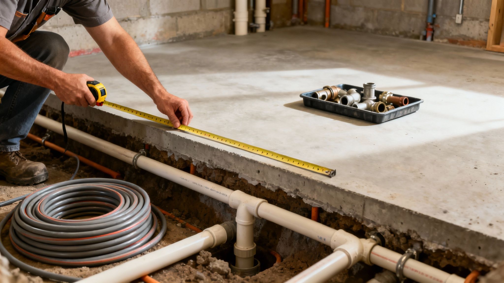 Exposed plumbing and pipes during a basement underpinning project in a Toronto home.