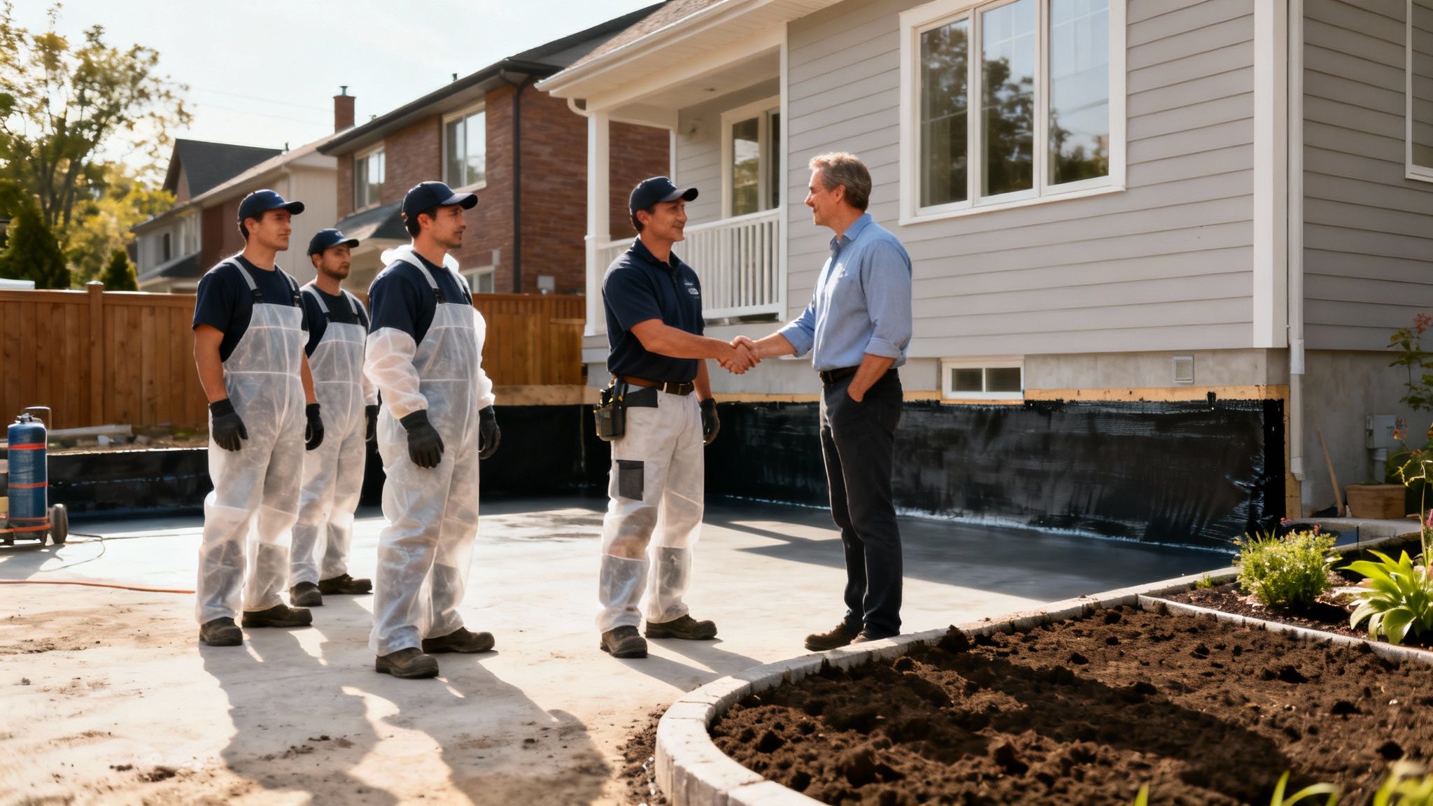 Construction workers and homeowner shake hands after exterior basement waterproofing project.