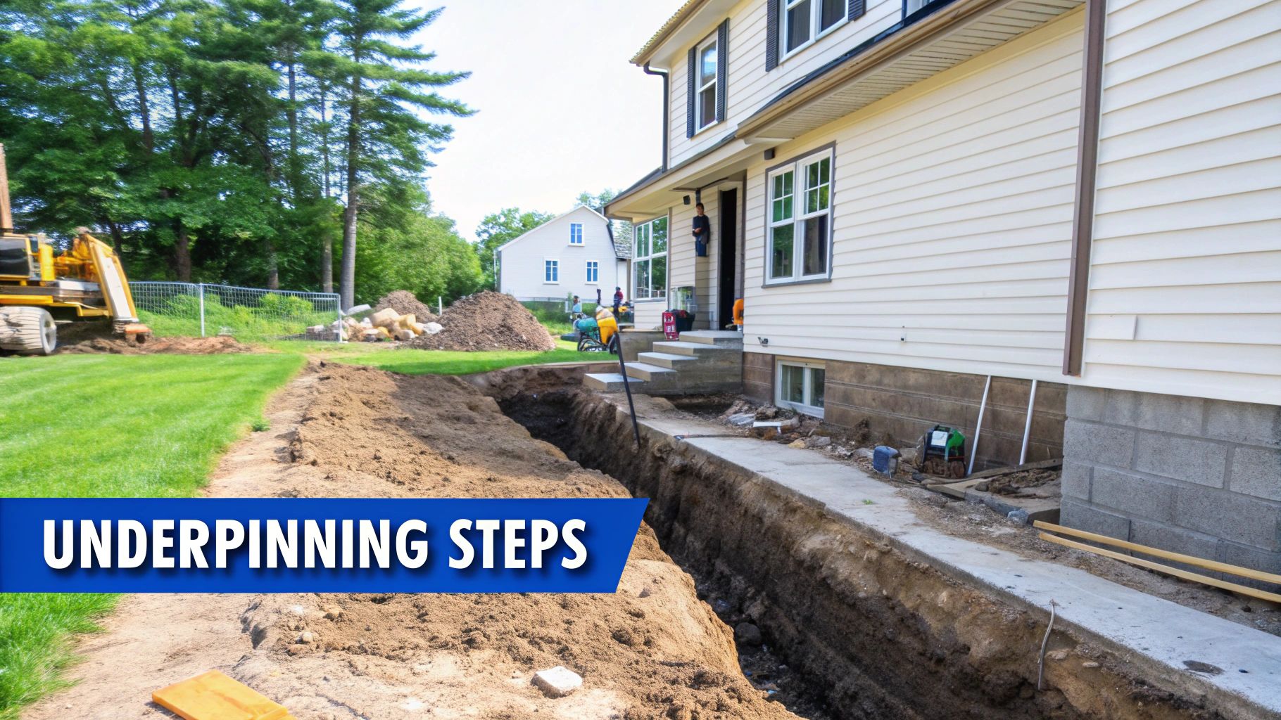 A construction team carefully working on a basement underpinning project in a Toronto home.