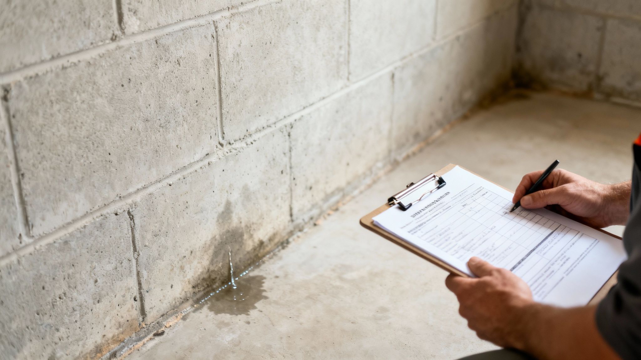 Person inspecting a concrete basement wall with a significant water leak and mold growth.