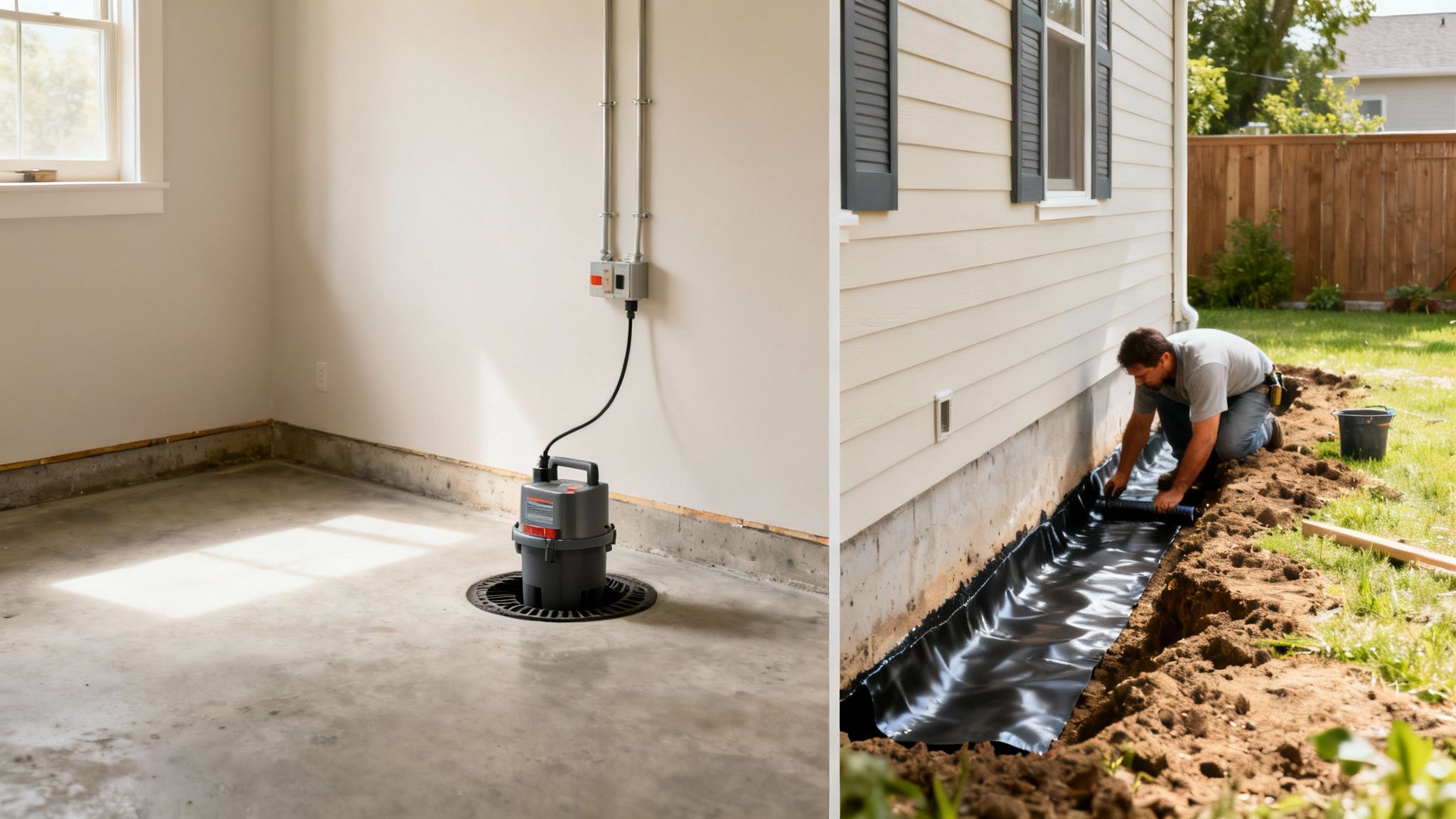 Man installing exterior waterproofing membrane beside a house, and a sump pump inside.