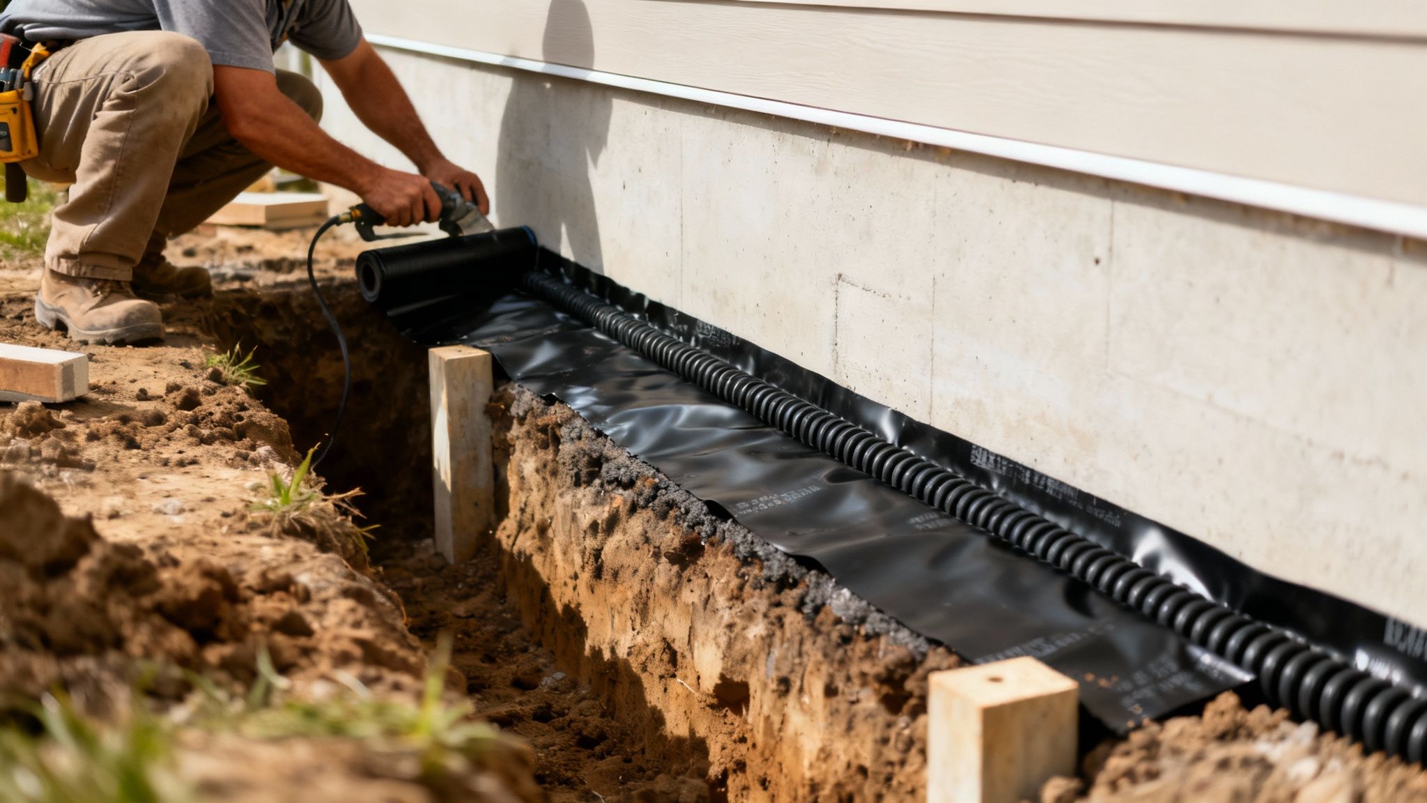 A well-maintained garden and patio next to a house, representing areas that may need restoration after waterproofing.
