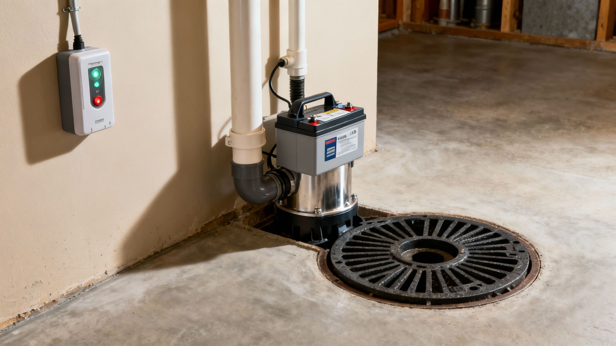 A sump pump with a battery backup system installed next to it in a basement.