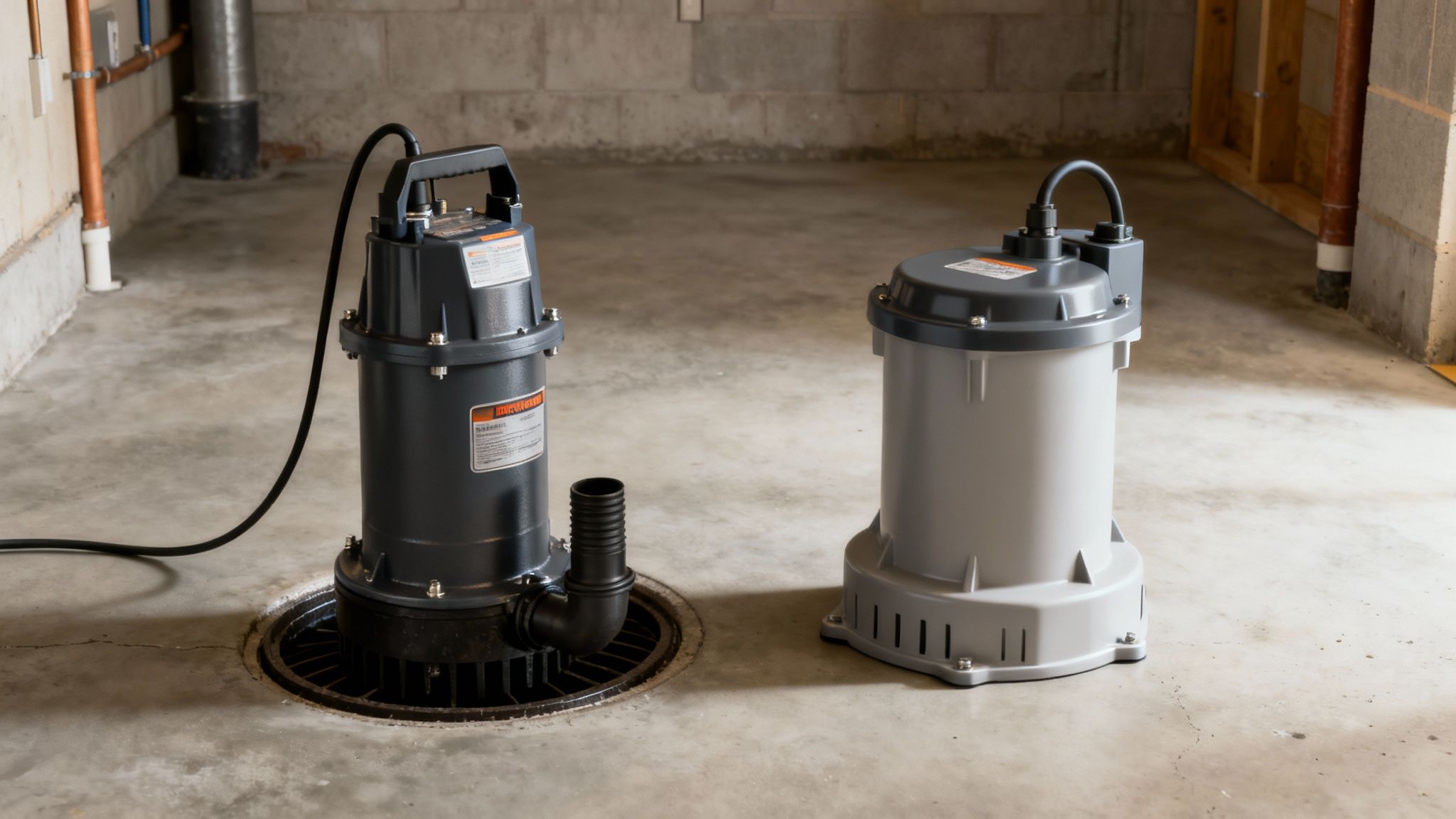 A close-up view of a submersible sump pump installed in a clean sump pit liner.